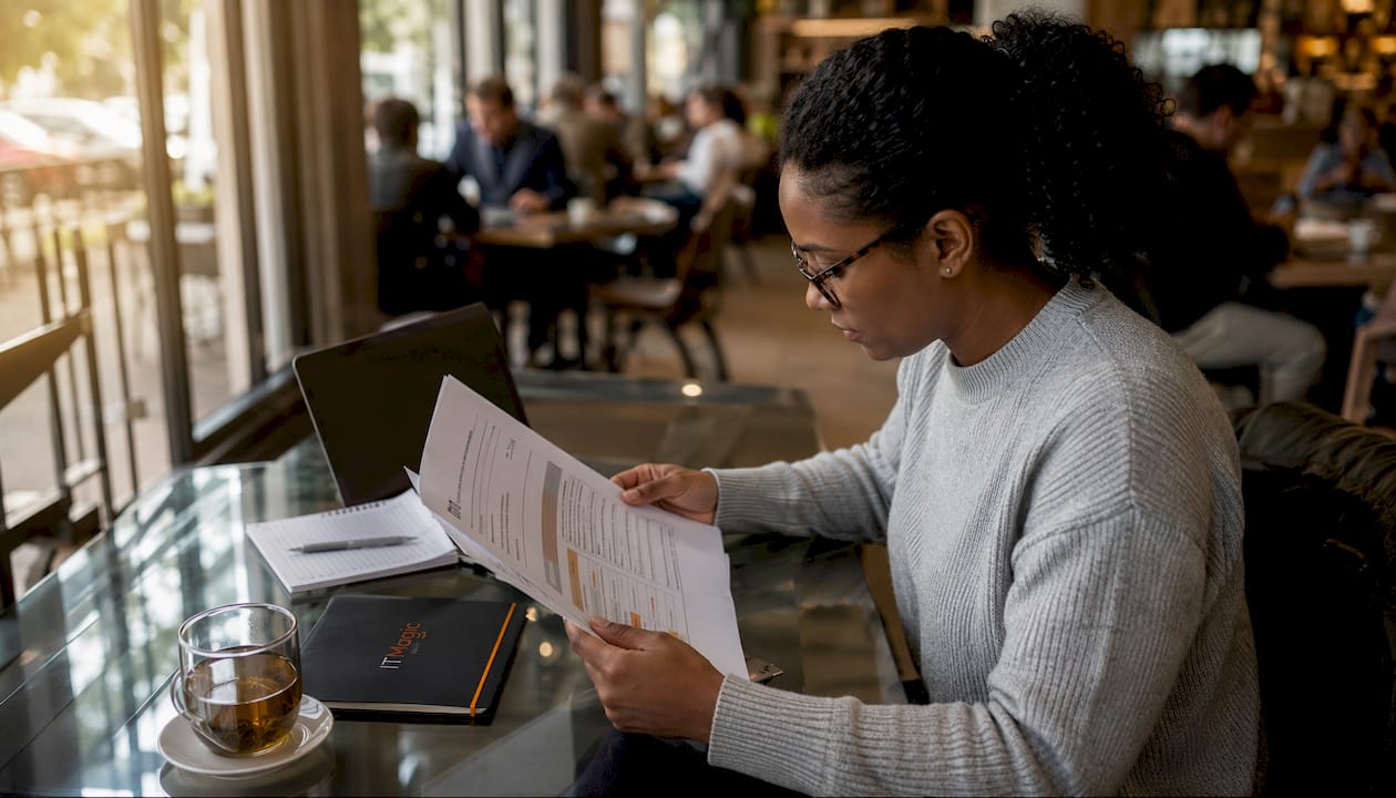 Compliance officer reviewing documents at desk