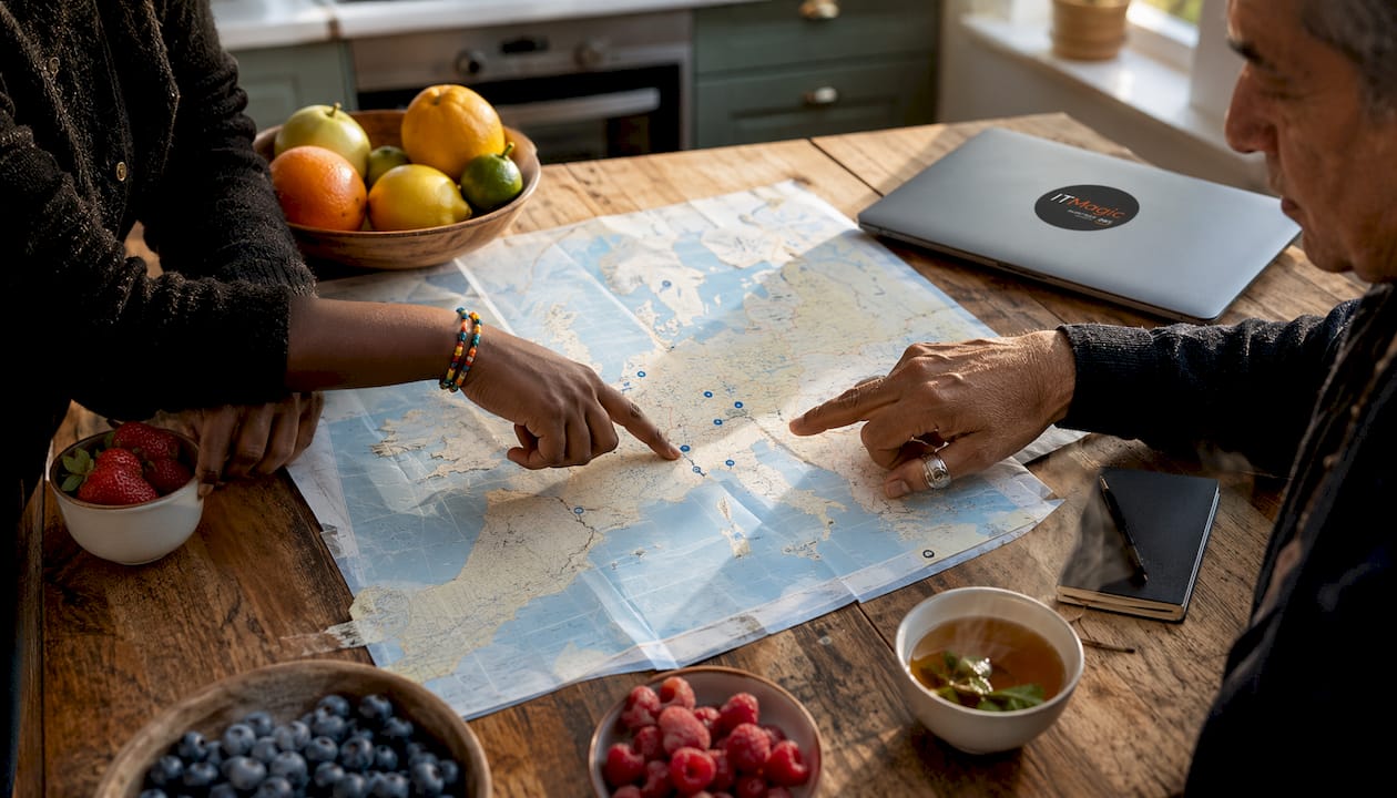 Overhead shot of hands pointing to AWS Europe map locations