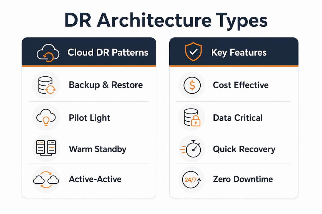 Infographic comparing cloud disaster recovery architecture patterns with key features