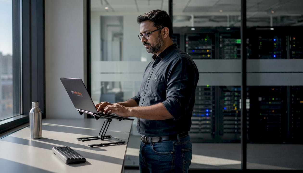 Engineer working on automation code at desk