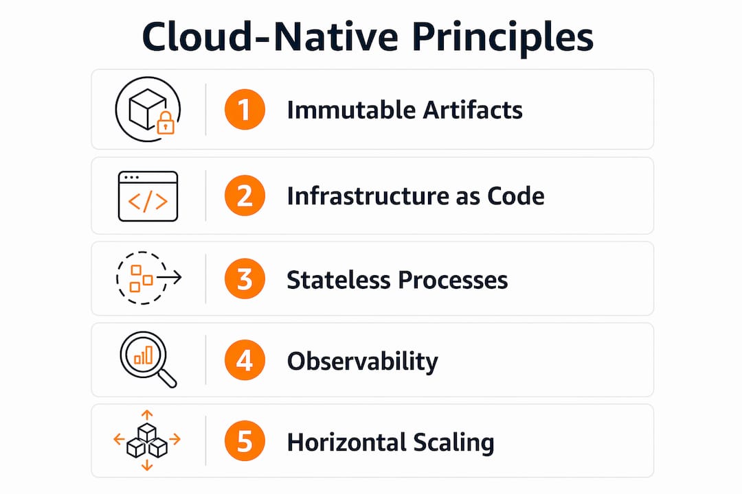 Infographic showing cloud-native principles in numbered steps