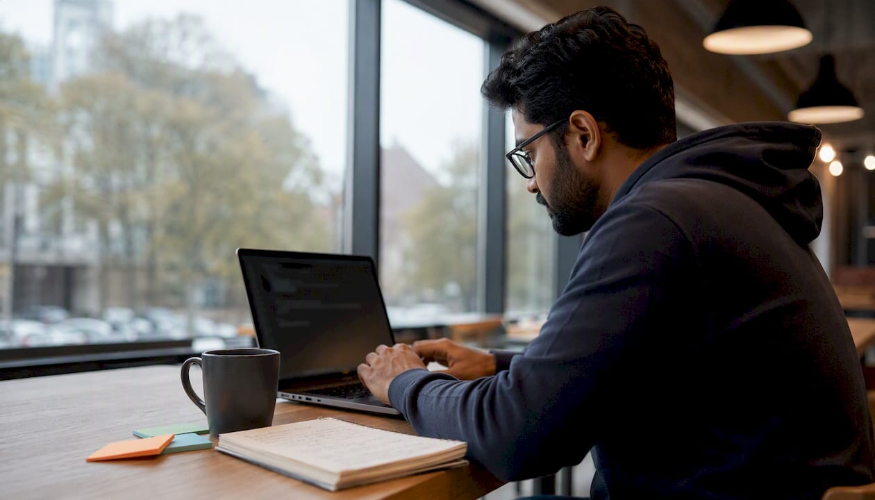 Engineer using session manager on laptop in office