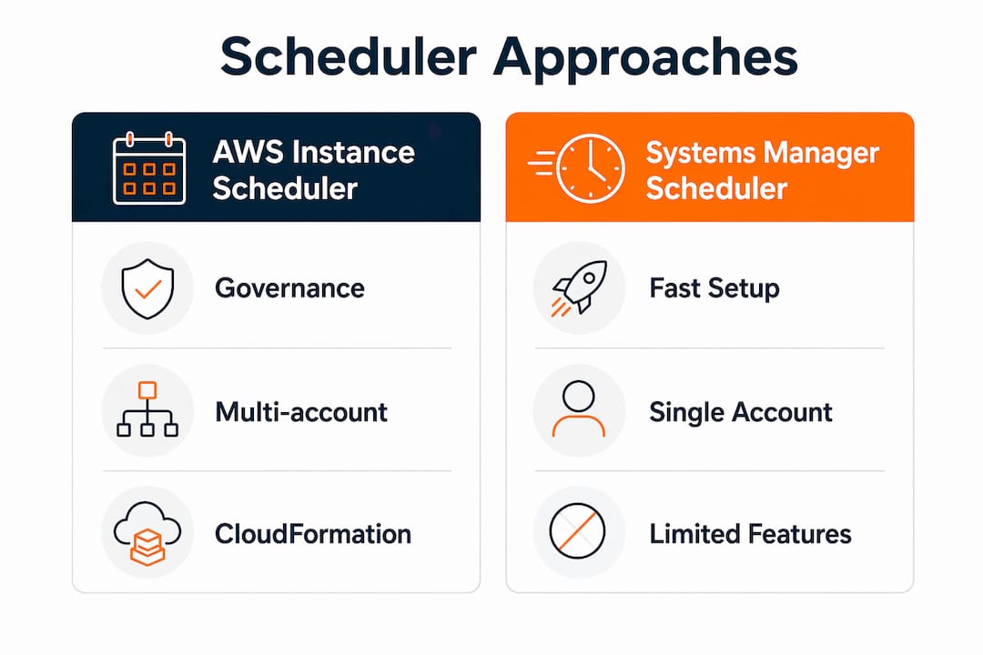 Infographic comparing AWS Instance Scheduler and Systems Manager Scheduler