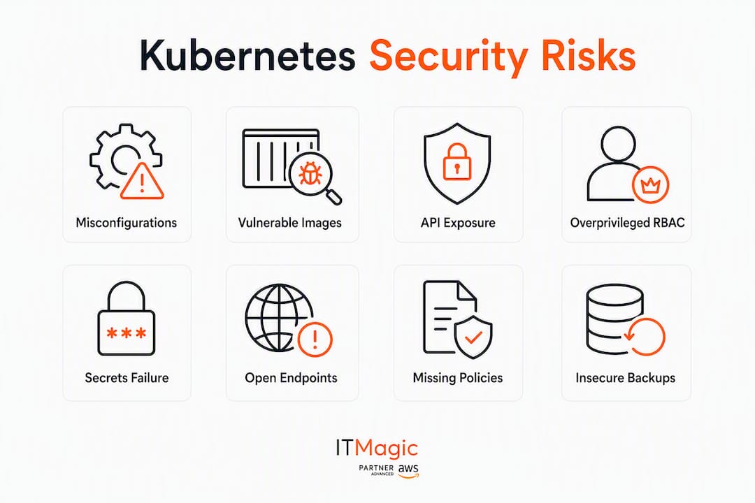 Infographic showing common Kubernetes security risks in a vertical flow format