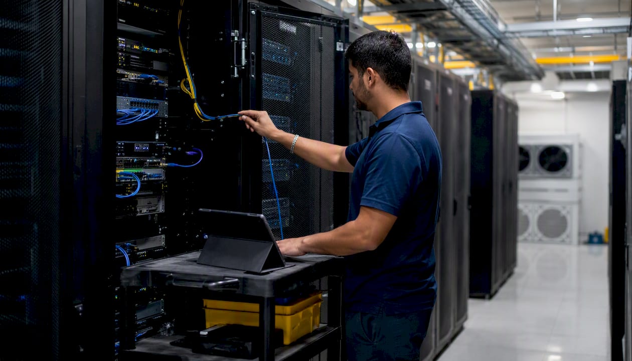 Hands connecting network cables at server rack