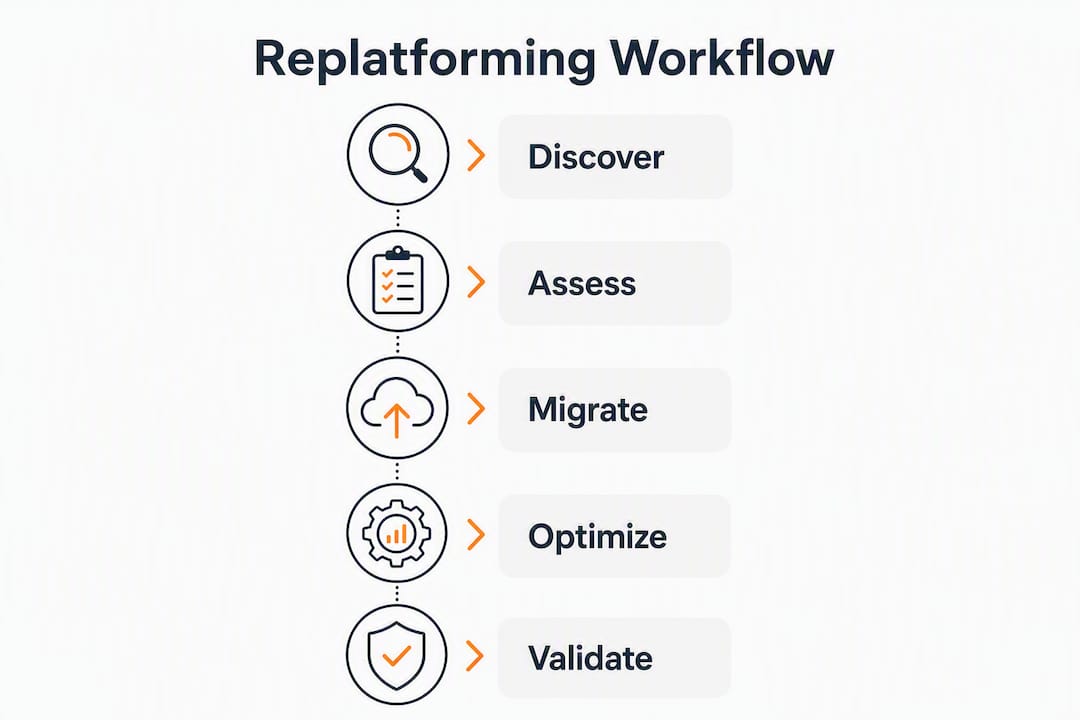 Infographic showing AWS replatforming workflow steps