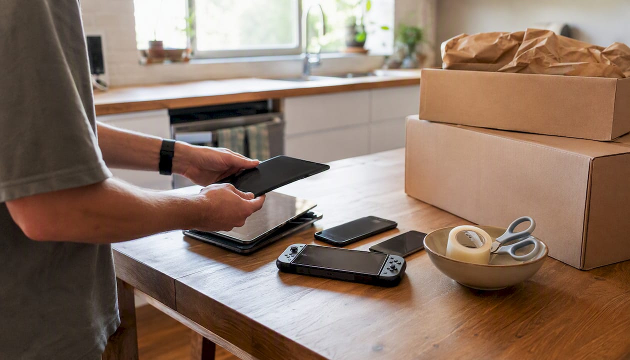 Hands packing electronics for Amazon Trade-In