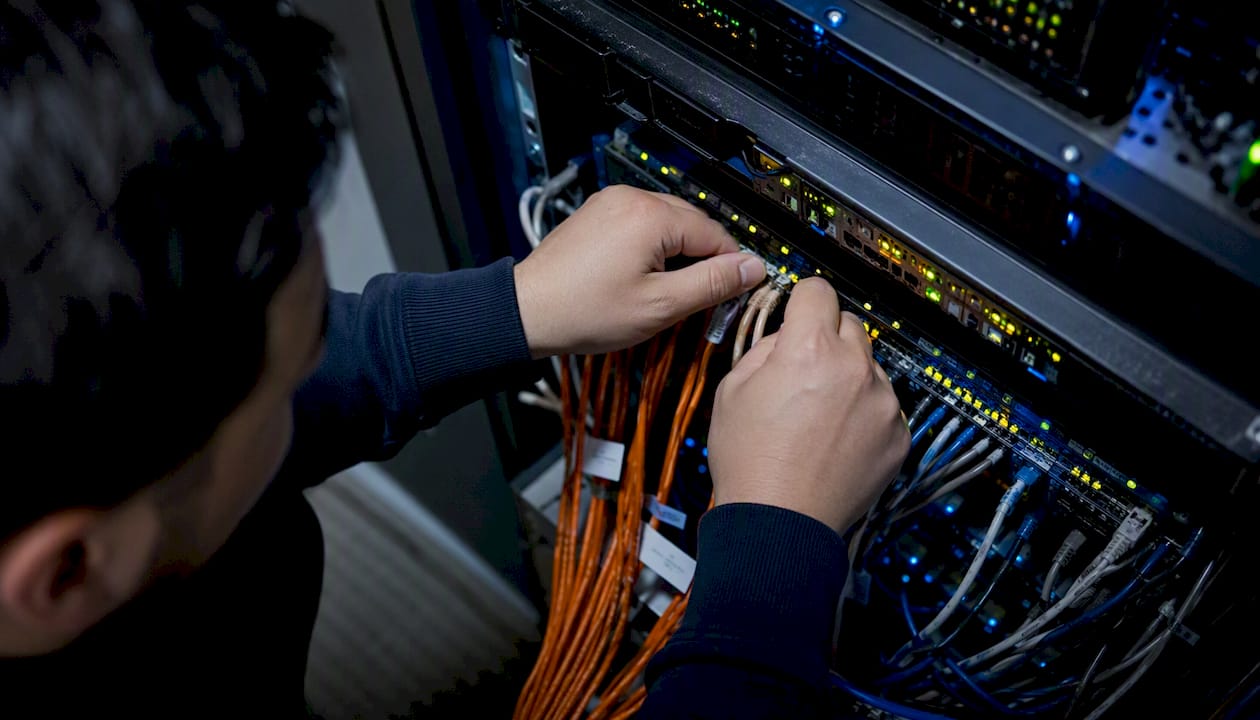 Engineer hands connecting network cables in server rack