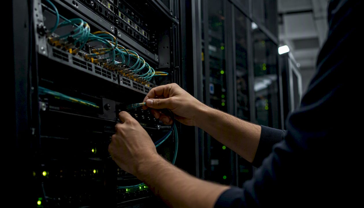 Technician connecting fiber optic cable
