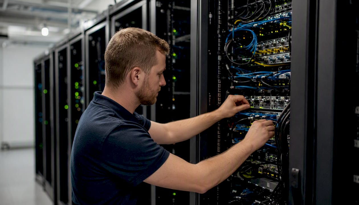 Hands adjusting server rack controls