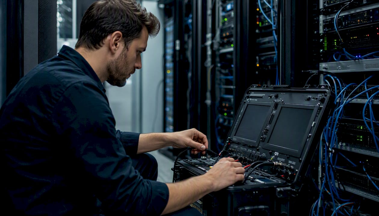 Technician setting load testing equipment