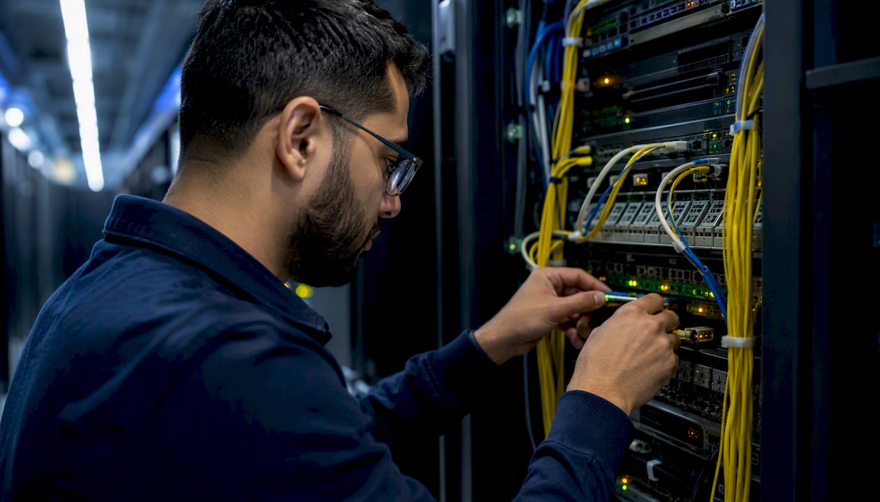 Technician connecting fiber cable in server rack