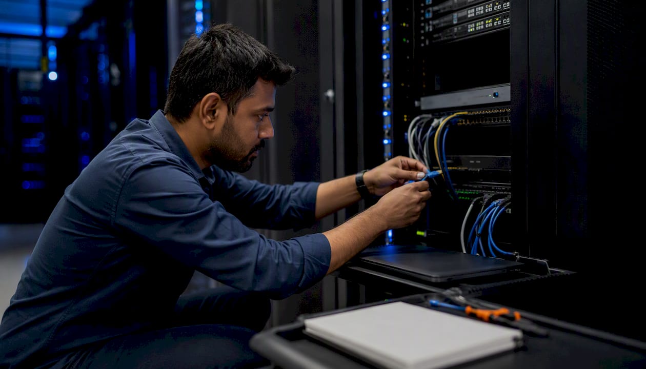 Engineer connecting network patch cord in server rack