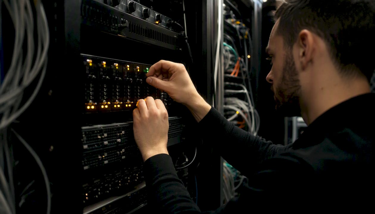 Engineer configuring security controls on server rack