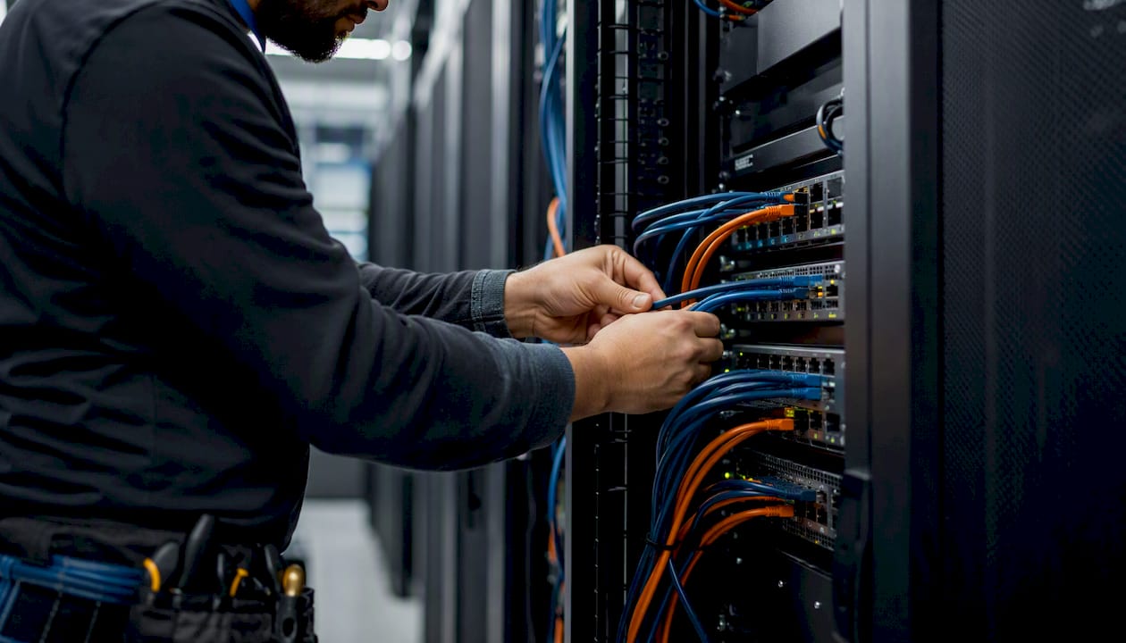 Hands connecting network cables in cloud data center