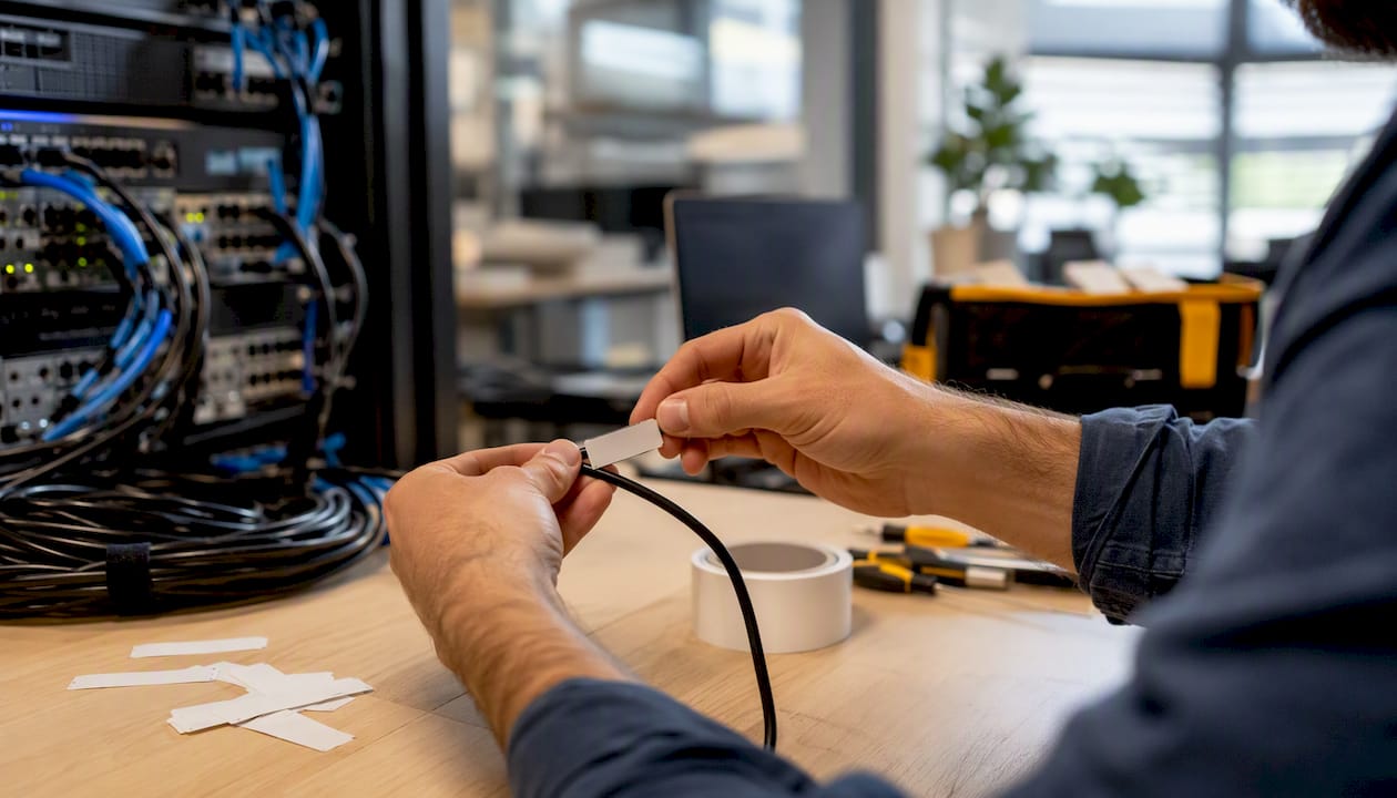 Hands applying cable label in server rack