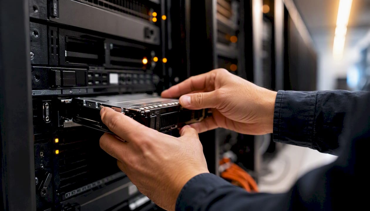 Hands converting storage drive in data center