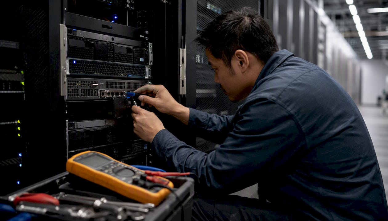 Engineer hands connecting hardware in data center