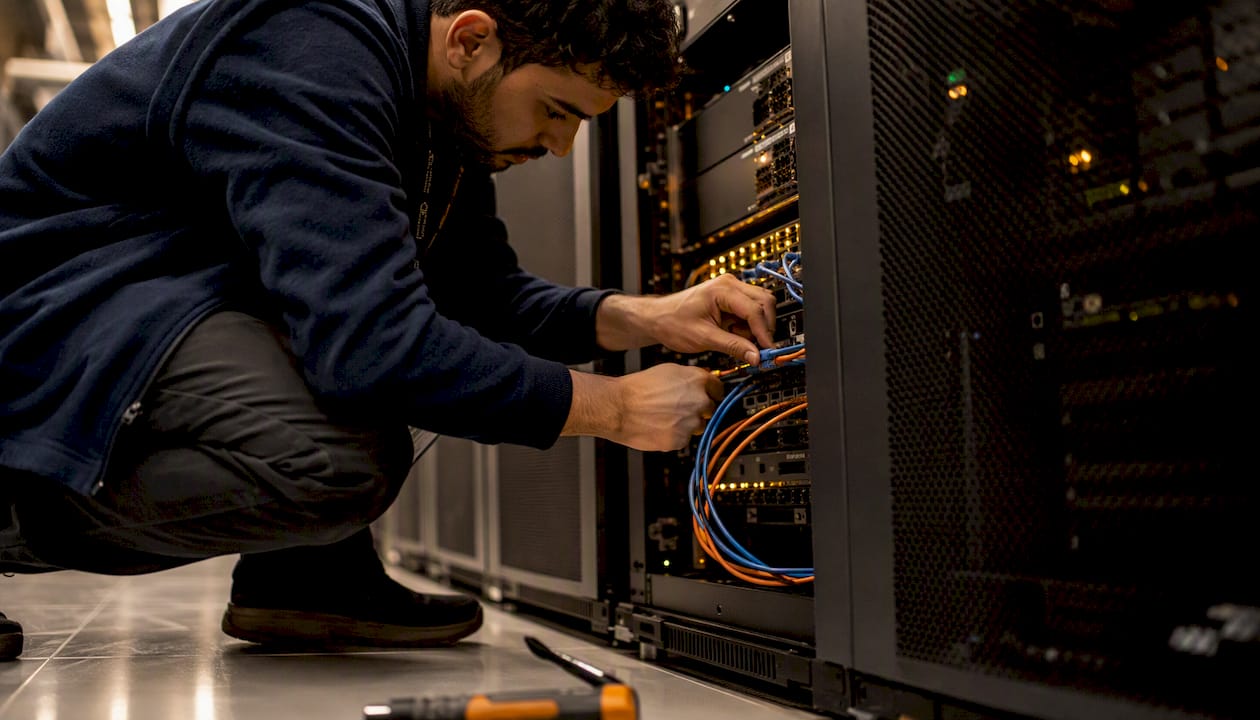 Hands connecting and labeling cables in data center