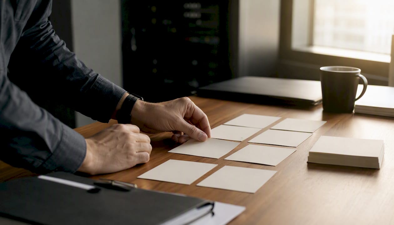 Hands arranging cost allocation modeling cards
