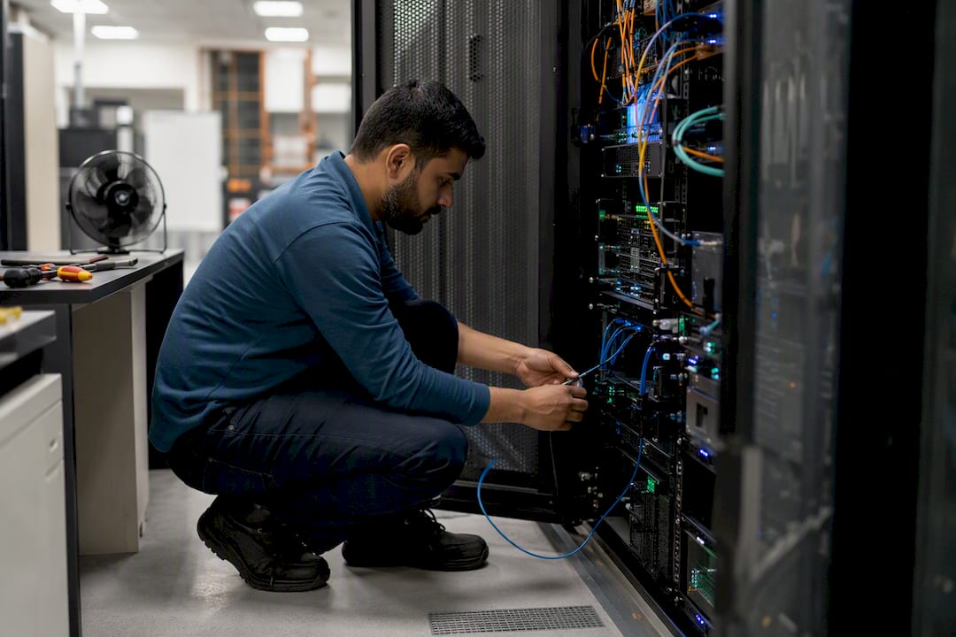 Technician connecting cable to database server
