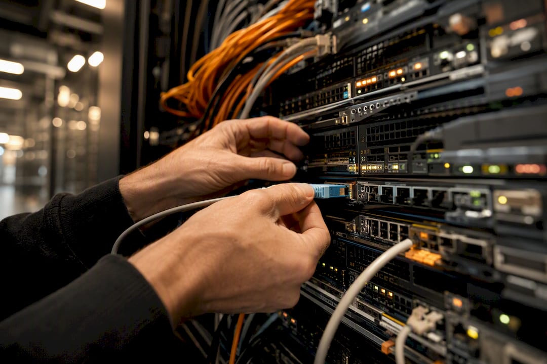 Hands connecting fiber cable in cloud data center