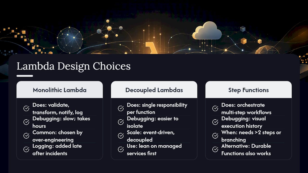 Diagram comparing monolithic vs event-driven Lambda designs