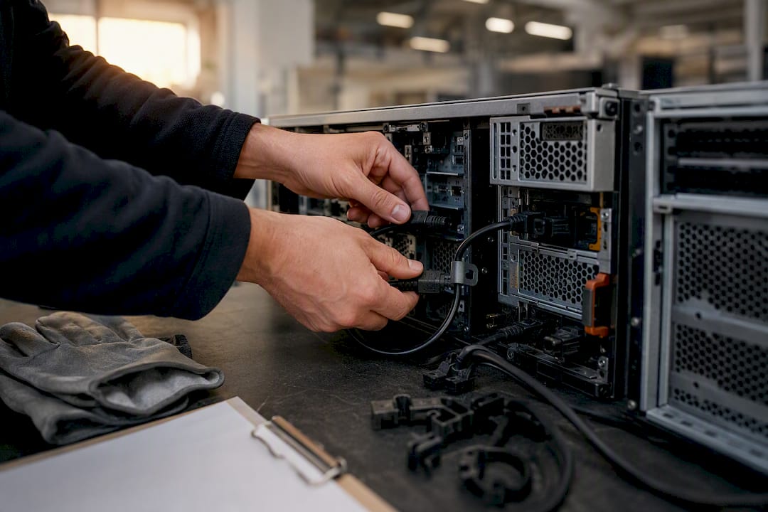 Hands unplugging servers for hardware decommissioning