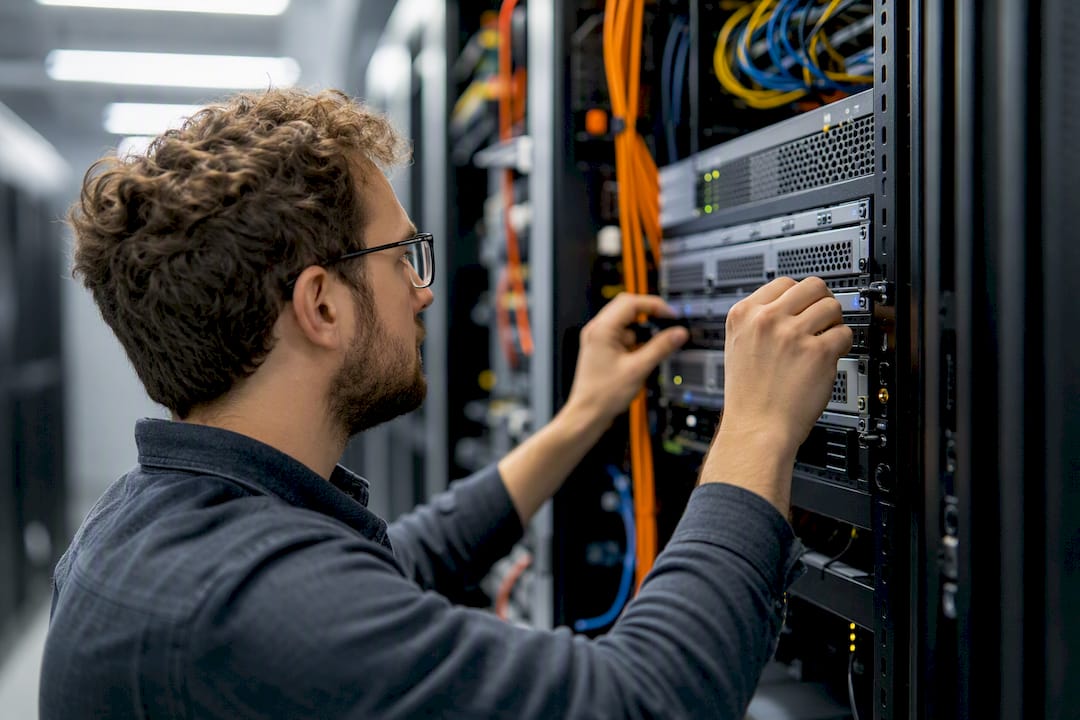 Hands adjusting server controls in data center
