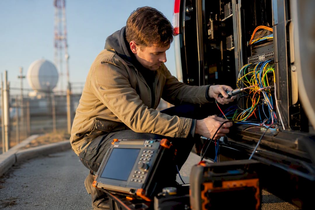Hands connecting test instruments to server hardware