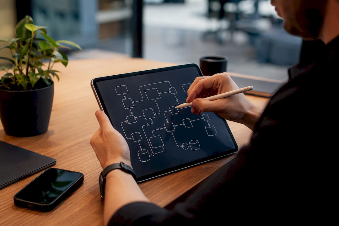 Hands drawing data flow diagram on tablet