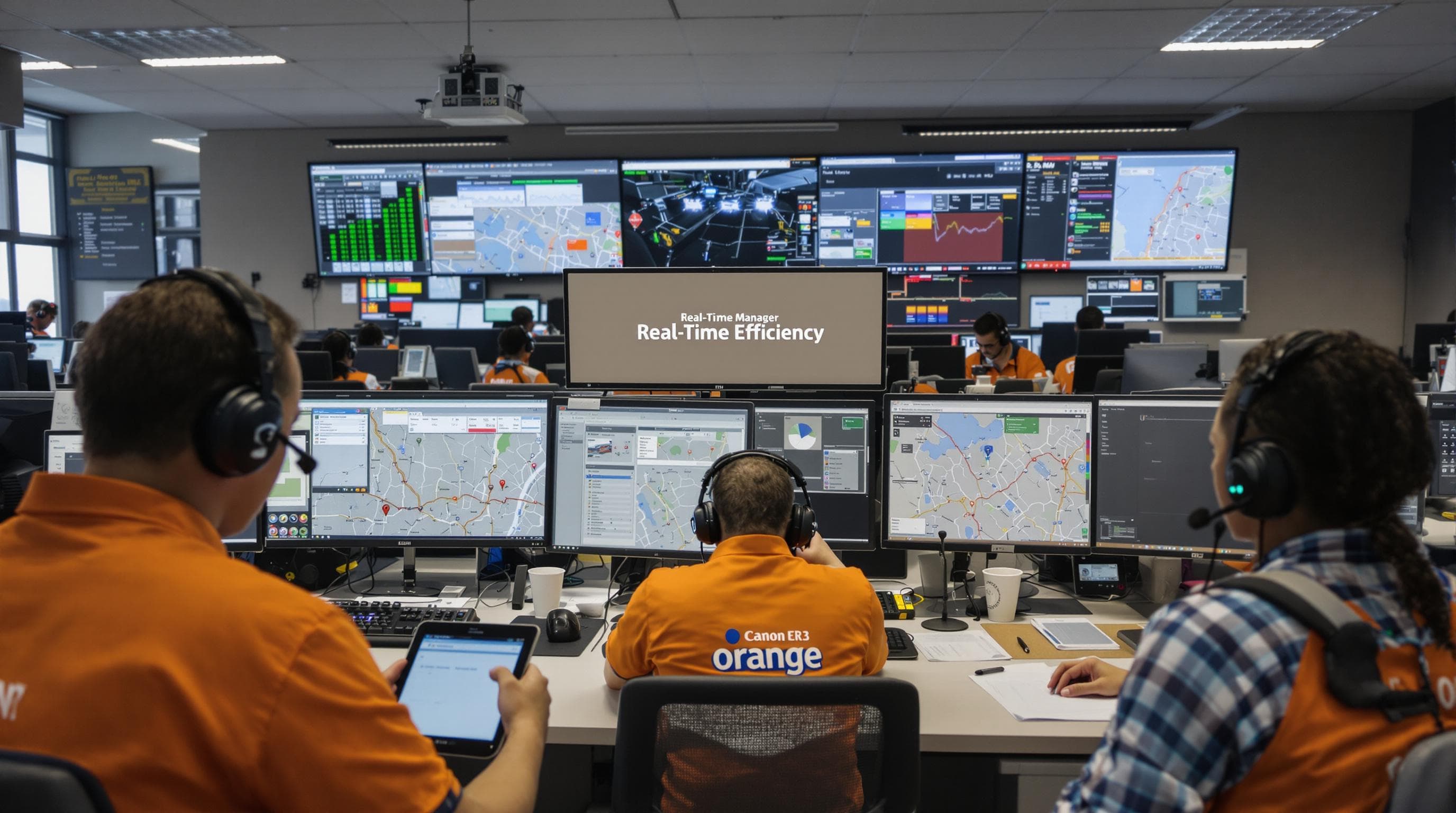 Fleet dispatchers update schedules on real-time digital screens in operations center