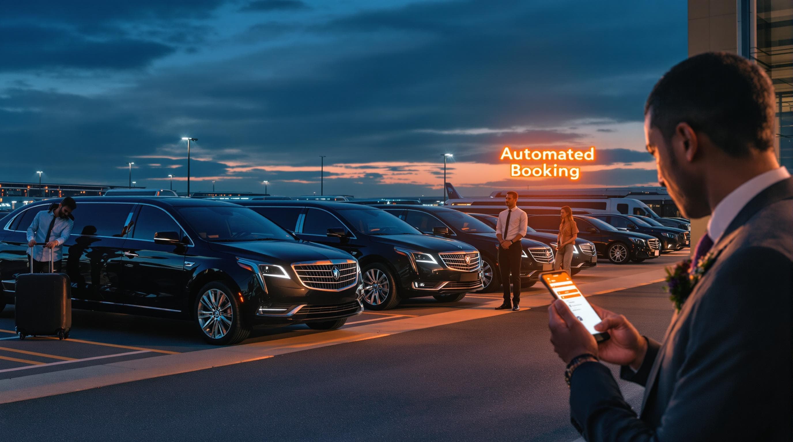 Passengers book limo rides via smartphone at a busy airport curbside