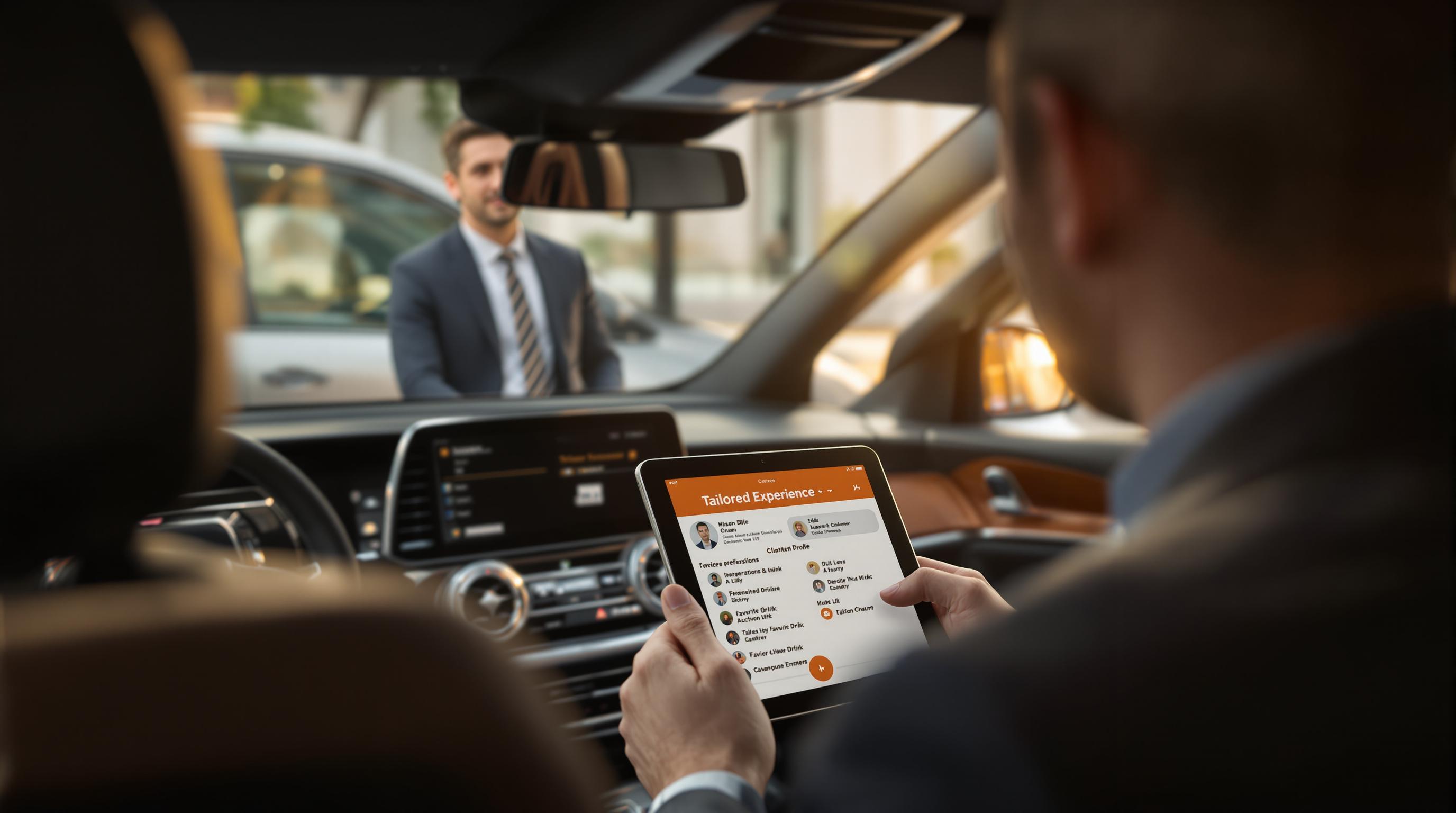 Chauffeur uses tablet for luxury client profile before pickup