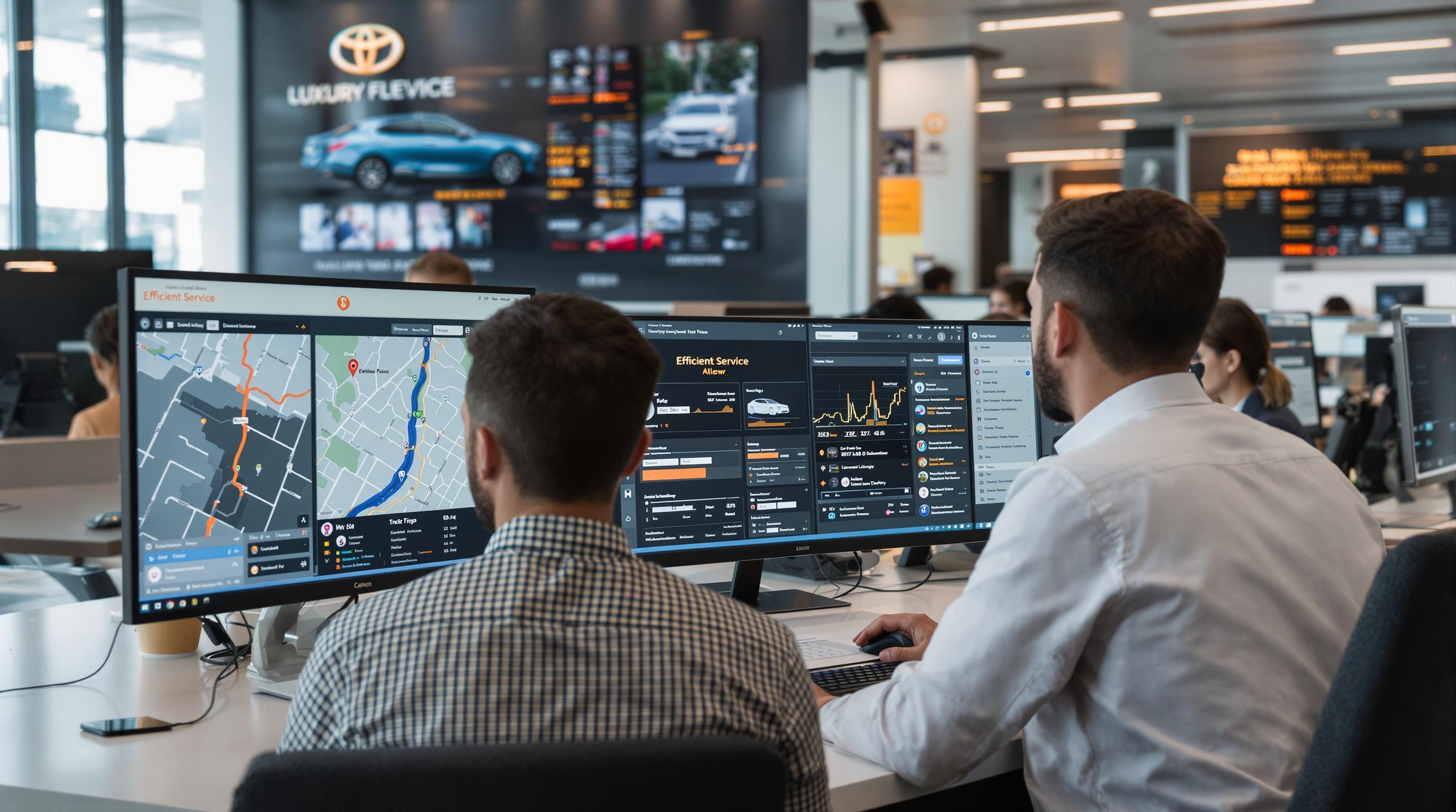 Luxury fleet dispatch team managing screens and fleet logistics