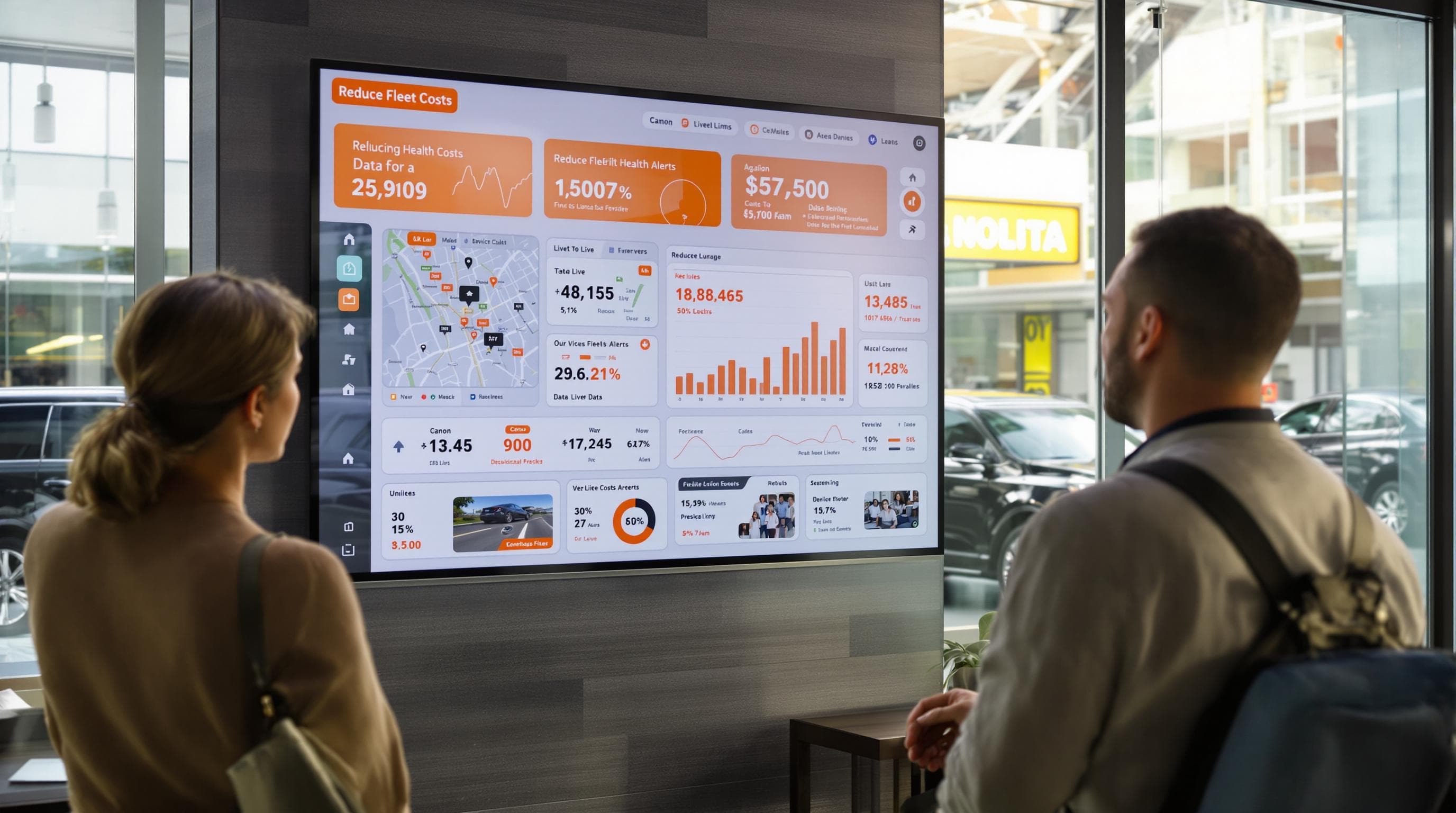 Fleet manager tracking luxury limos and costs on digital dashboard in modern office