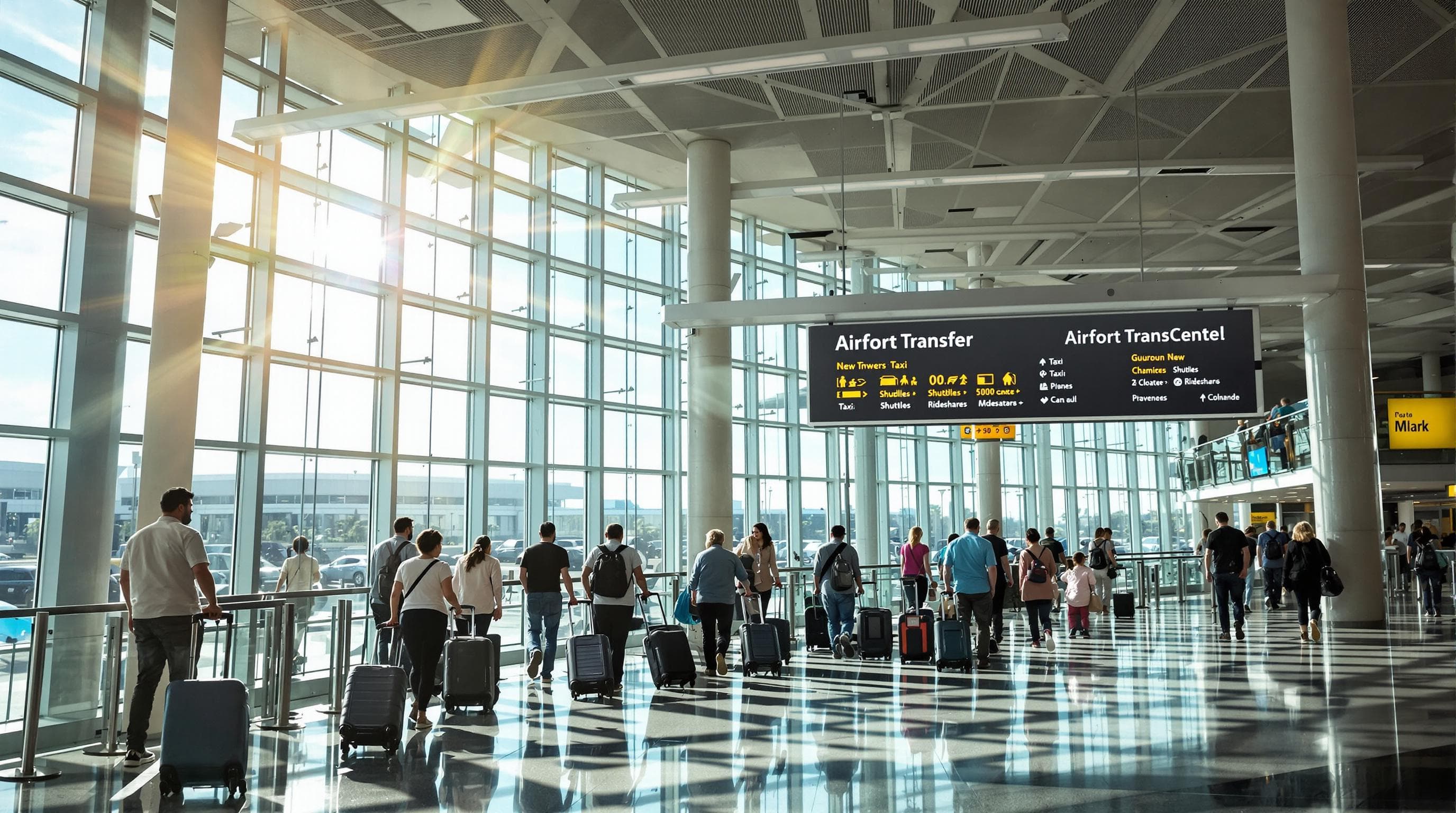 Travelers at Orlando airport with signs for airport transfer options