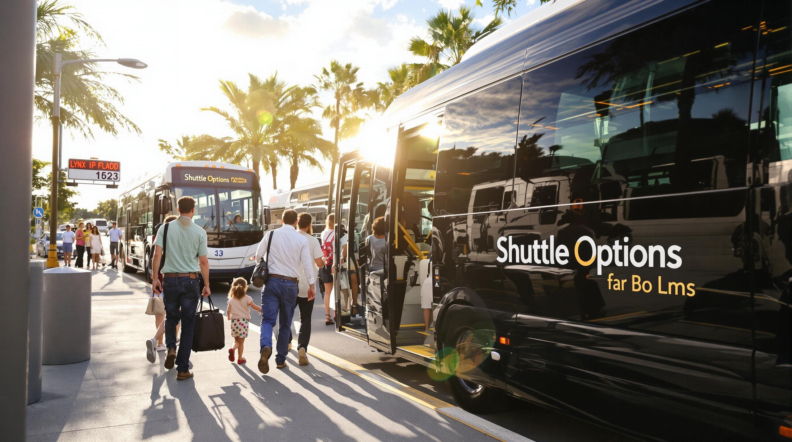 Travelers boarding Orlando airport shuttle with taxis and bus nearby