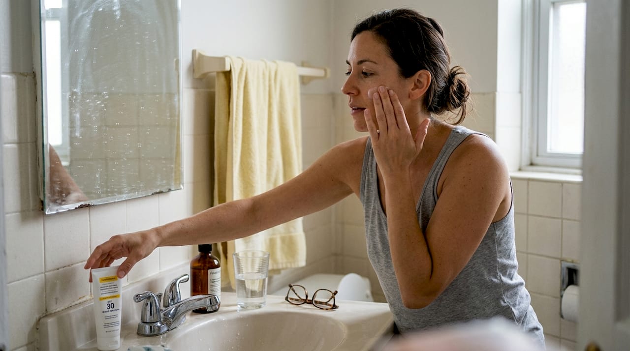 Woman applies moisturizer in home bathroom