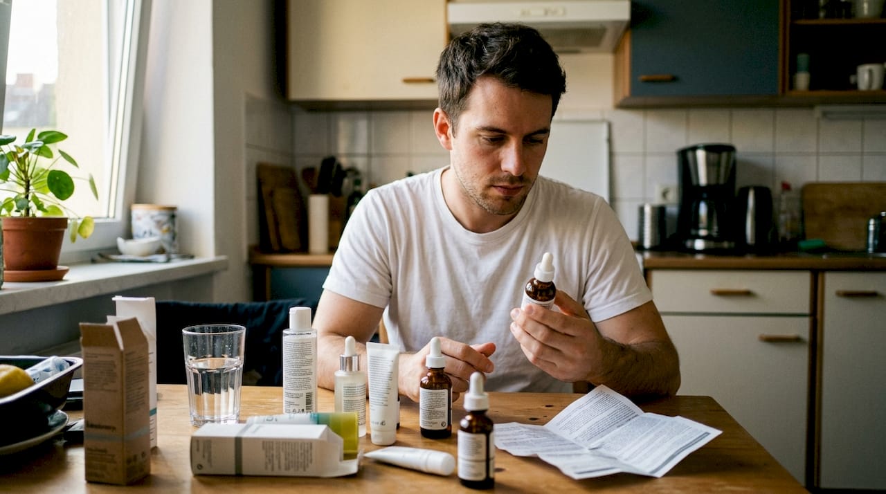 Man reviewing skincare risks amid product clutter