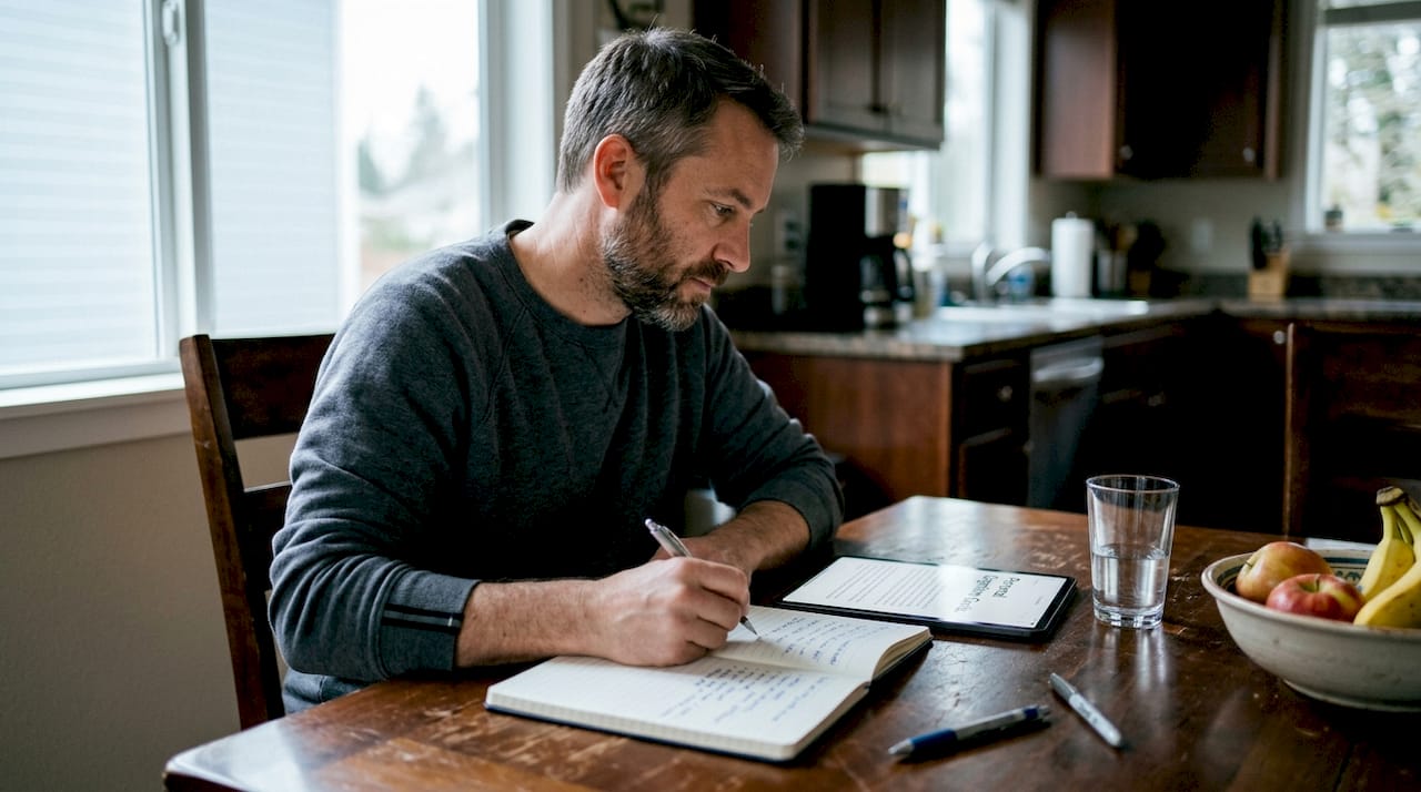 Man journaling goals at kitchen table