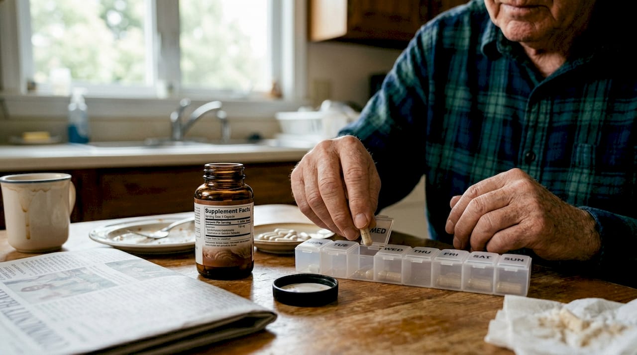 Older man sorting mushroom supplement capsules