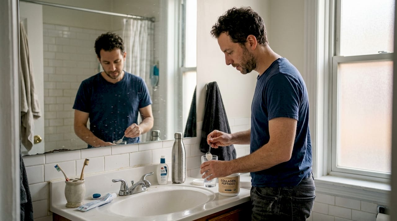Man mixes collagen powder at bathroom sink