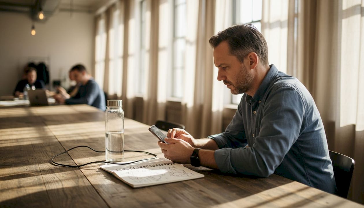 Man verifying codes at busy coworking table