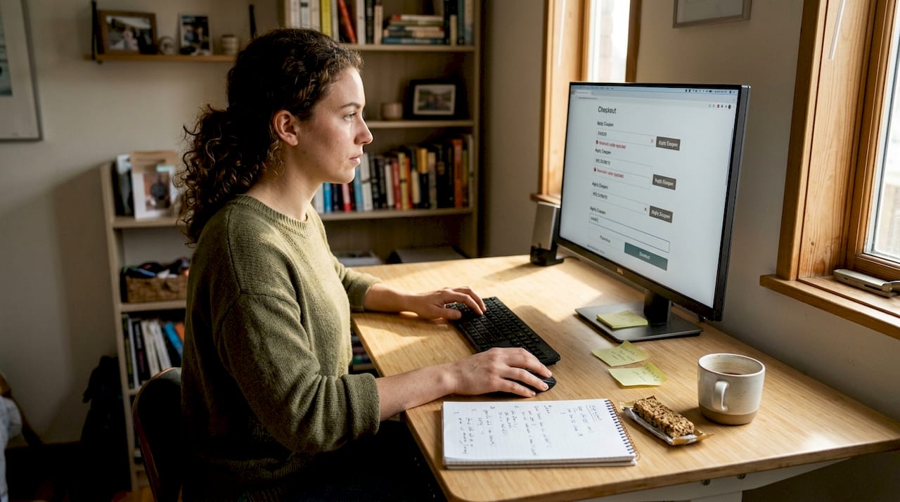 Woman testing codes in home office workspace