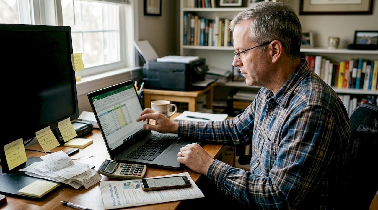 Man recording savings in home office