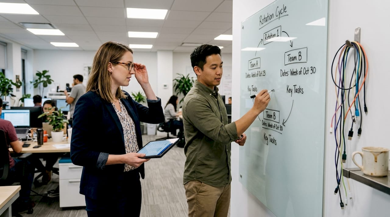 Colleagues updating code rotation chart on board