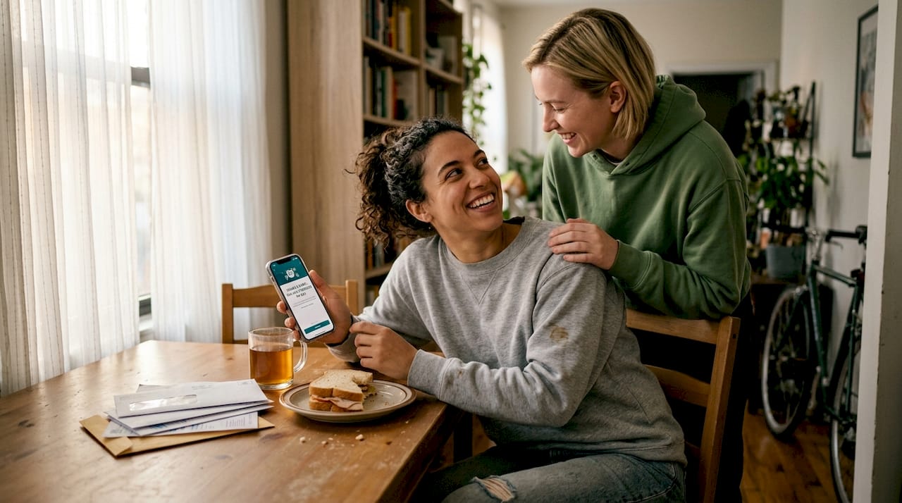 Friends sharing referral code at kitchen table