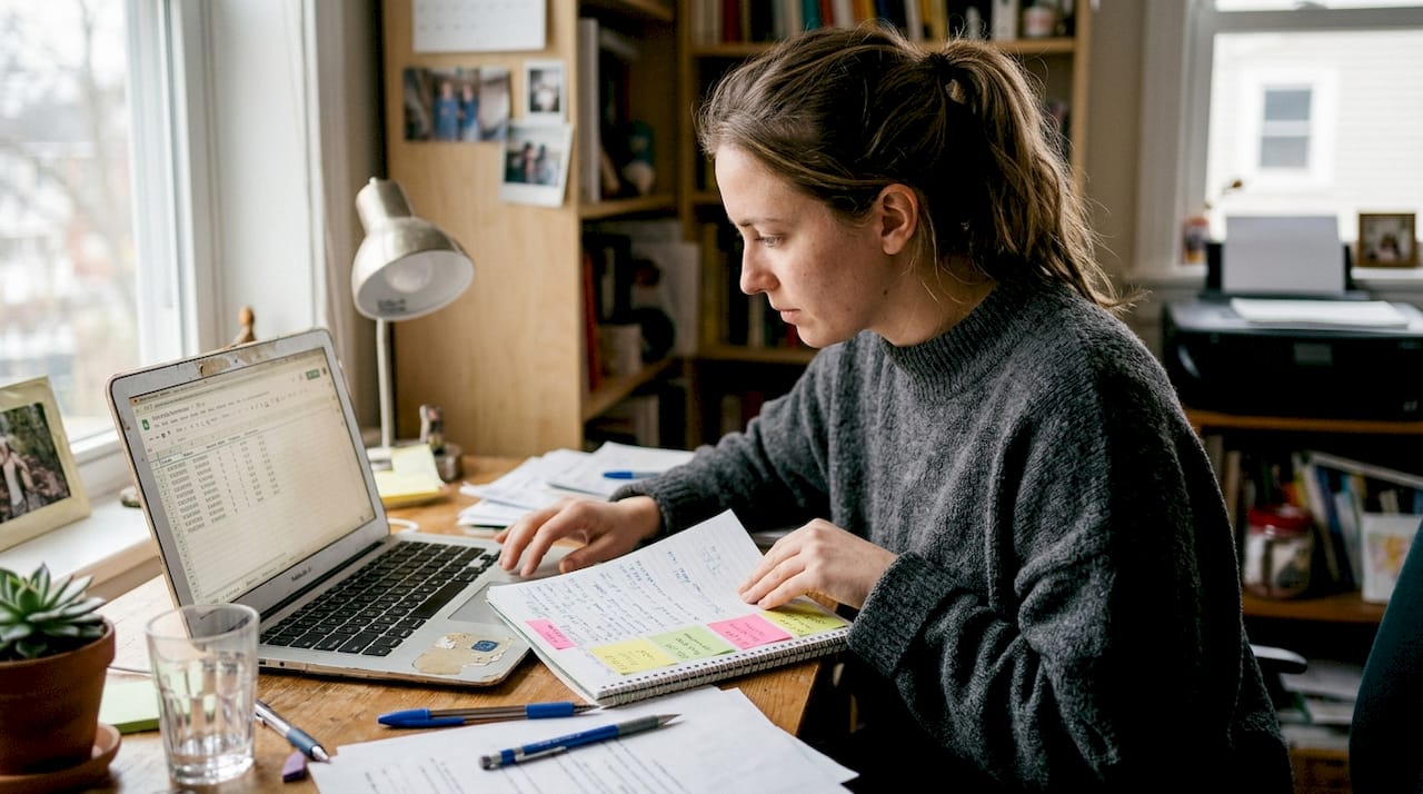 Woman organizing referral codes in notebook