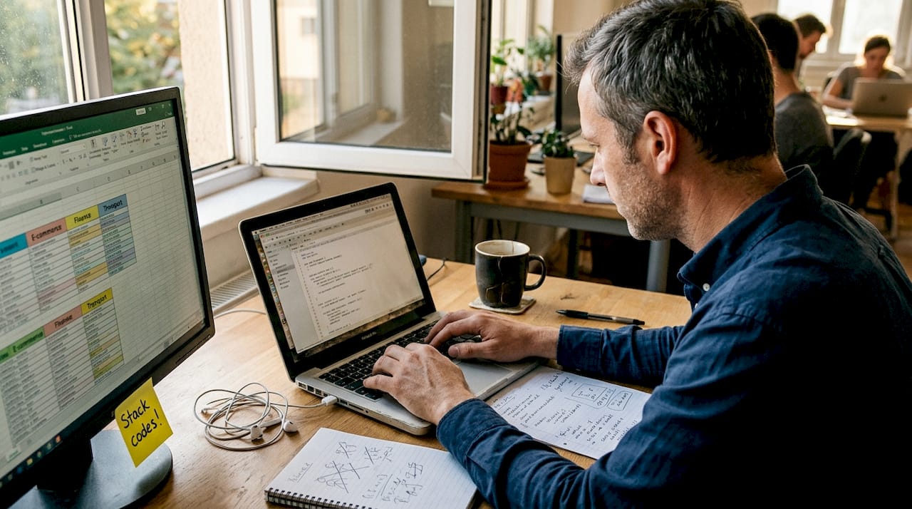 Man compares referral programs at desk